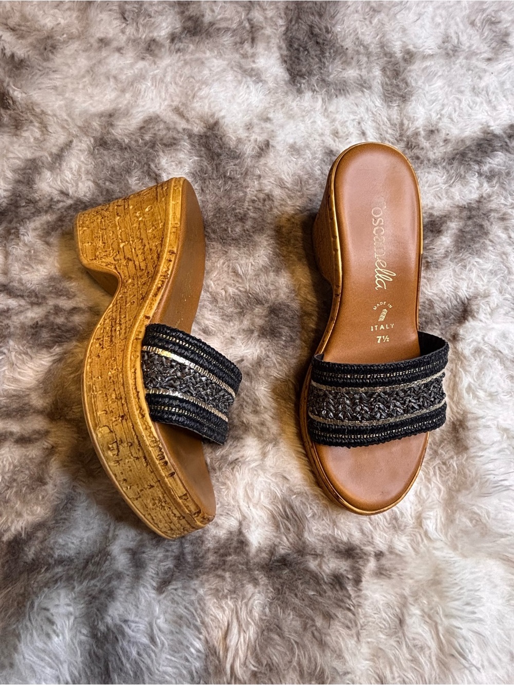 Toscanella Black Woven Cork Wedge Slide Sandals